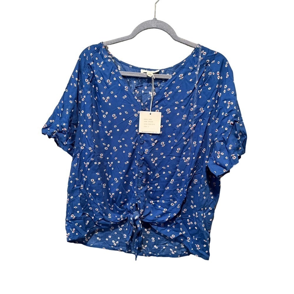 BeachLunchLounge Blouse Top Women's L Blue Floral 3/4 Sleeve Henley Neck Viscose